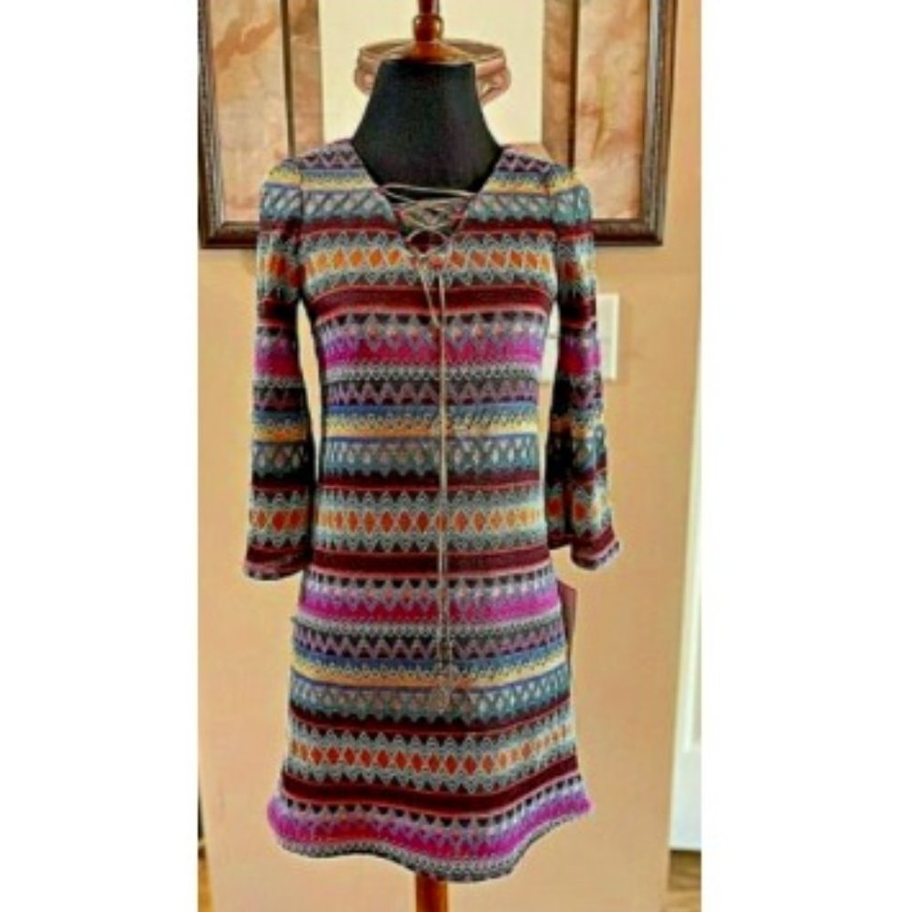 NWT Rare Editions Girls Size16 Multicolor Zig Zag CROCHET Tunic Dress Reg. $64